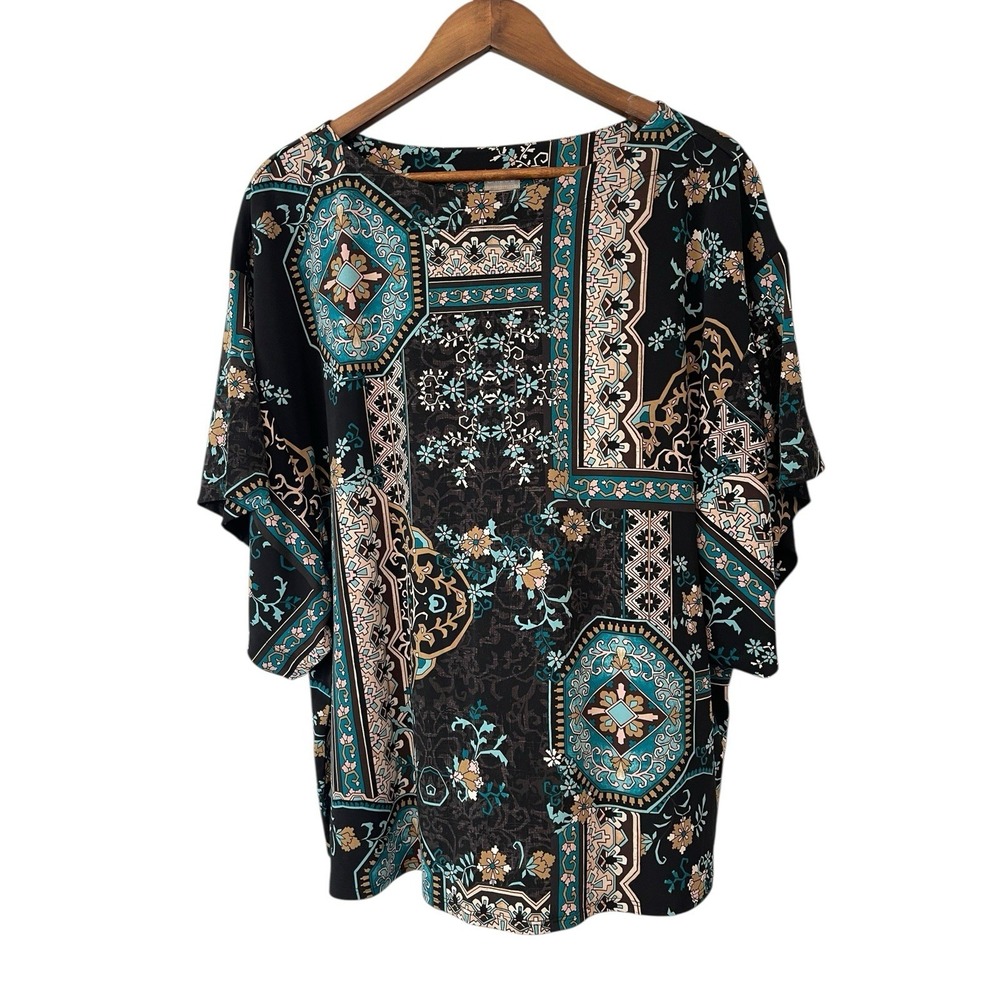 Women's Chico's Stretch Jersey Knit Medallion Flutter Sleeve XXL Blouse Boho